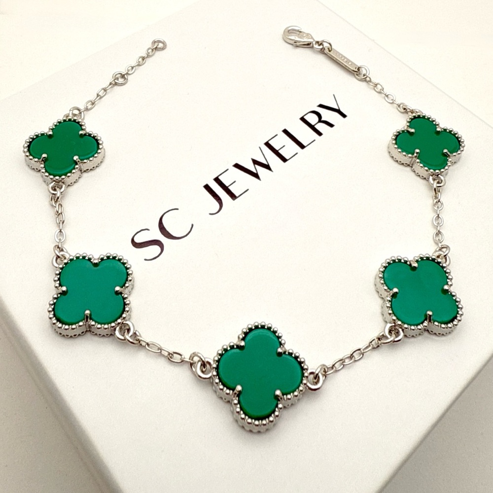 Last 2🔥Green Onyx Stone Clover Bracelet Double Sided Platinum Plated Lightweight